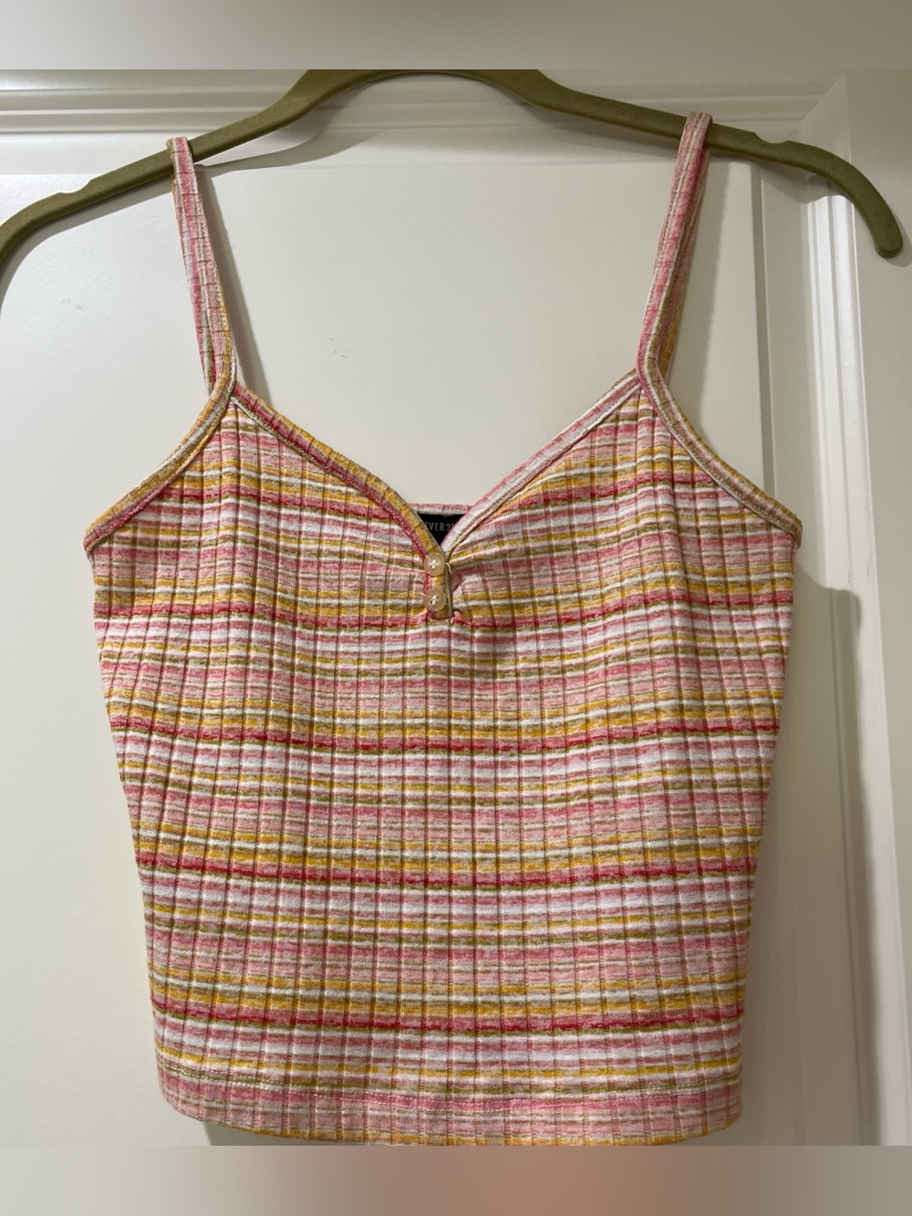 Striped Pink & Yellow Ribbed Tank Top with Button Detail